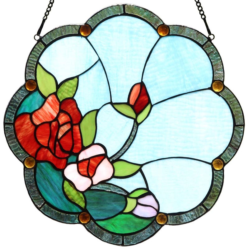 Bieye W10058 Rose Flower Tiffany Style Stained Glass Window Panel with Chain, 16-inch Wide - Image 1
